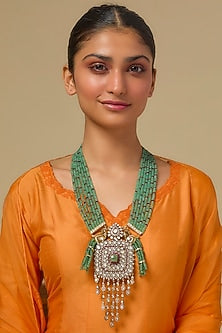Gold Finish Kundan Polki & Emerald Beaded Necklace In Sterling Silver