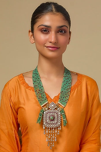Gold Finish Kundan Polki & Emerald Beaded Necklace In Sterling Silver