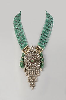 Gold Finish Kundan Polki & Emerald Beaded Necklace In Sterling Silver