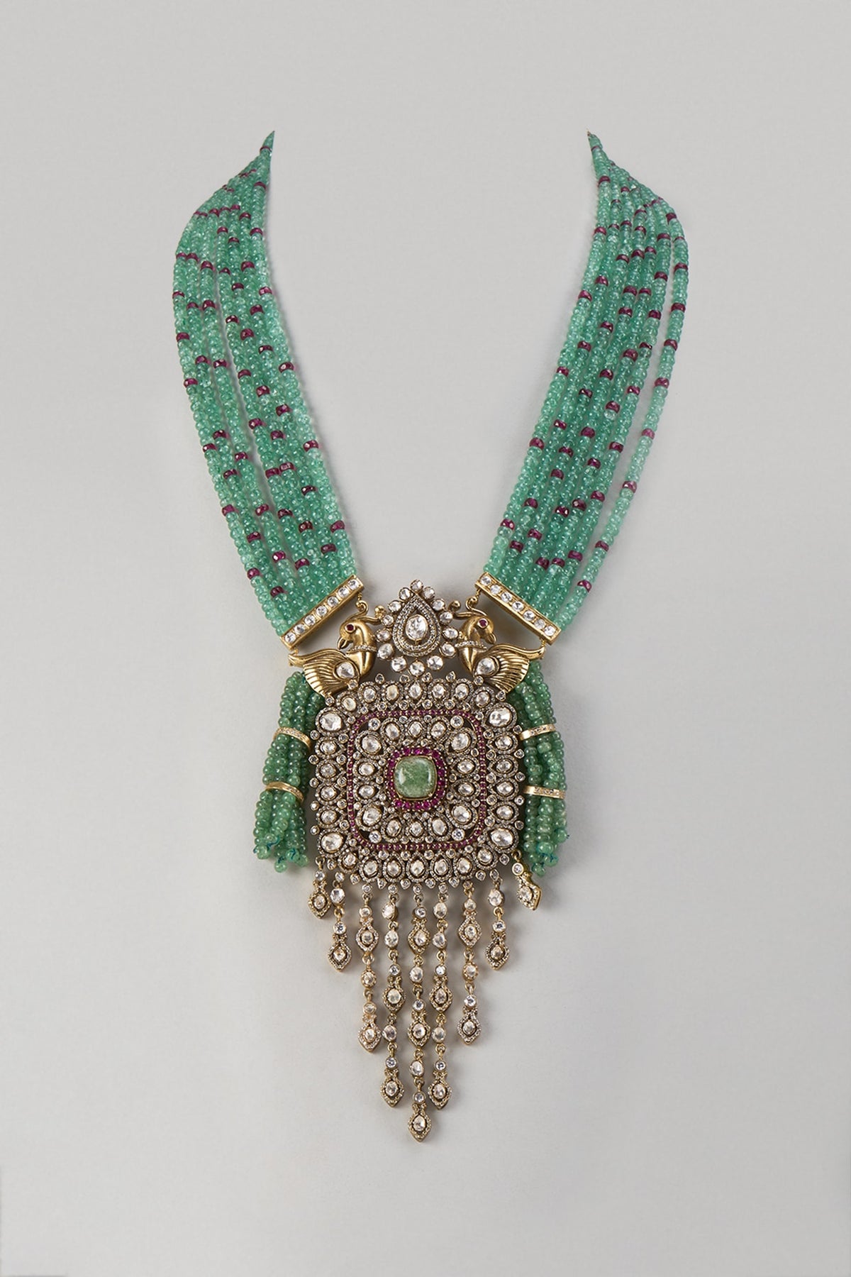 Gold Finish Kundan Polki & Emerald Beaded Necklace In Sterling Silver