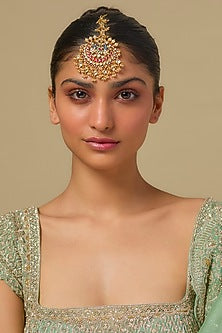 Gold Finish Kundan Polki & Multi-Colored Stone Maangtikka In Sterling Silver