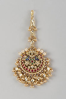 Gold Finish Kundan Polki & Multi-Colored Stone Maangtikka In Sterling Silver