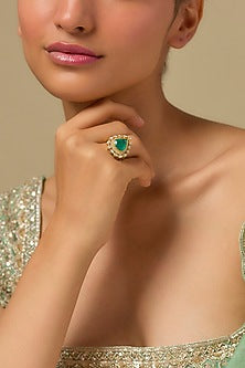 Gold Finish Kundan Polki & Emerald Drop Ring In Sterling Silver