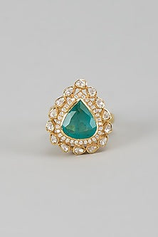Gold Finish Kundan Polki & Emerald Drop Ring In Sterling Silver