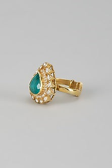 Gold Finish Kundan Polki & Emerald Drop Ring In Sterling Silver