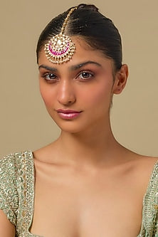 Gold Finish Kundan Polki & Ruby Stone Maangtikka In Sterling Silver
