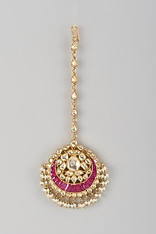 Gold Finish Kundan Polki & Ruby Stone Maangtikka In Sterling Silver