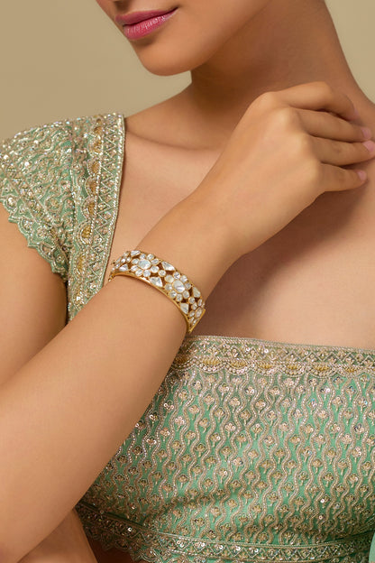 Gold Finish Kundan Polki Bangle In Sterling Silver