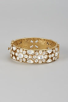 Gold Finish Kundan Polki Bangle In Sterling Silver
