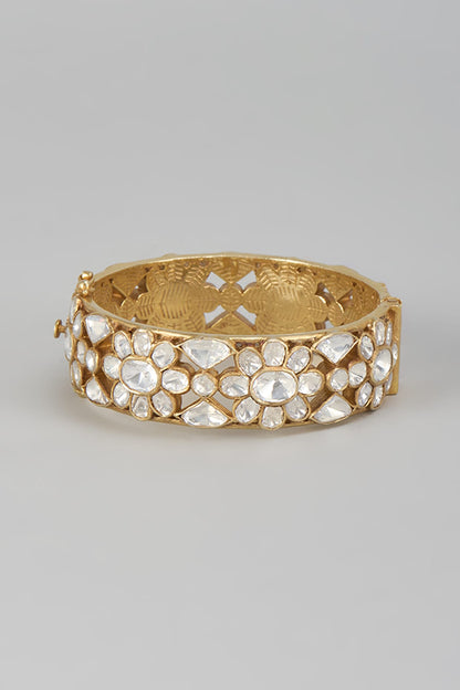 Gold Finish Kundan Polki Bangle In Sterling Silver