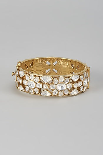 Gold Finish Kundan Polki Bangle In Sterling Silver