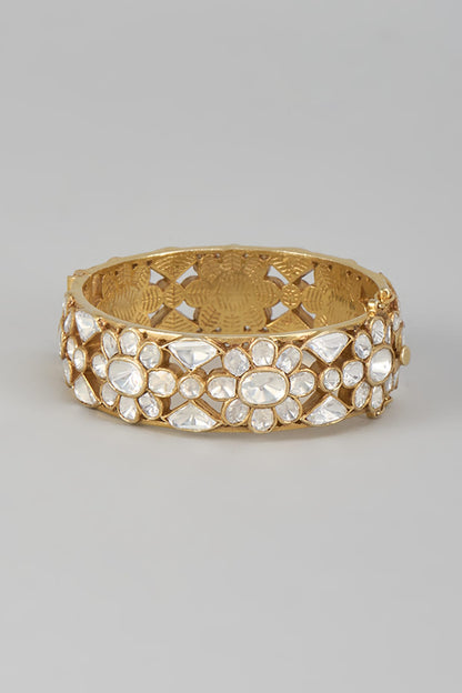 Gold Finish Kundan Polki Bangle In Sterling Silver