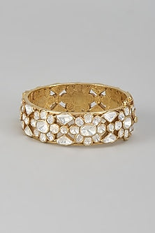 Gold Finish Kundan Polki Bangle In Sterling Silver