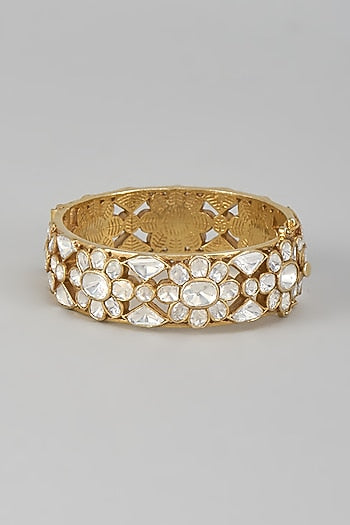 Gold Finish Kundan Polki Bangle In Sterling Silver