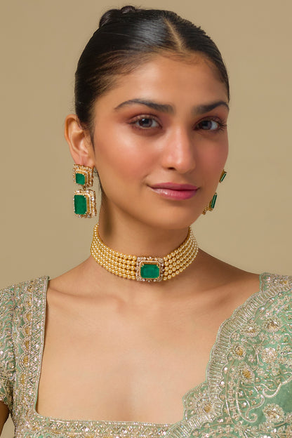 Gold Finish Kundan Polki & Emerald Stone Choker Necklace Set In Sterling Silver