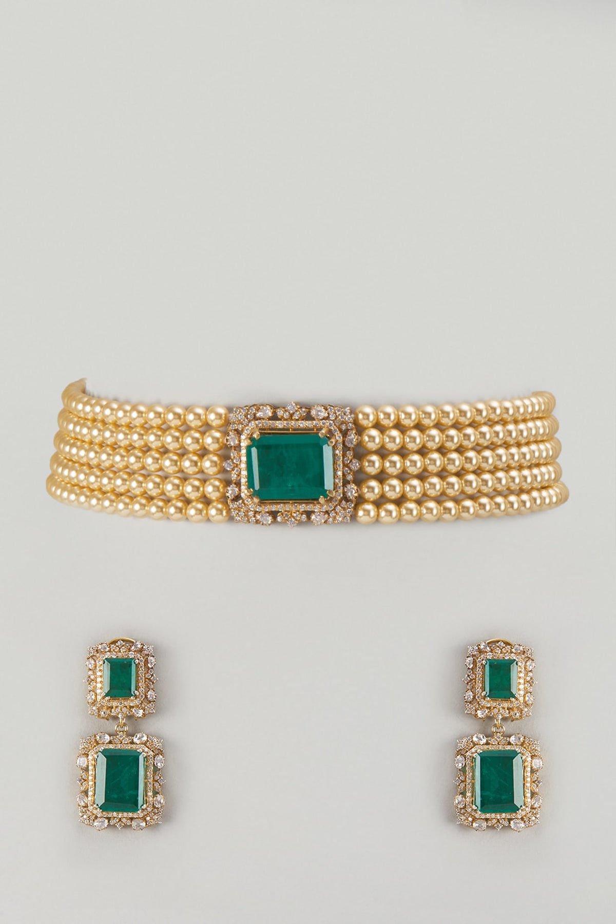 Gold Finish Kundan Polki & Emerald Stone Choker Necklace Set In Sterling Silver