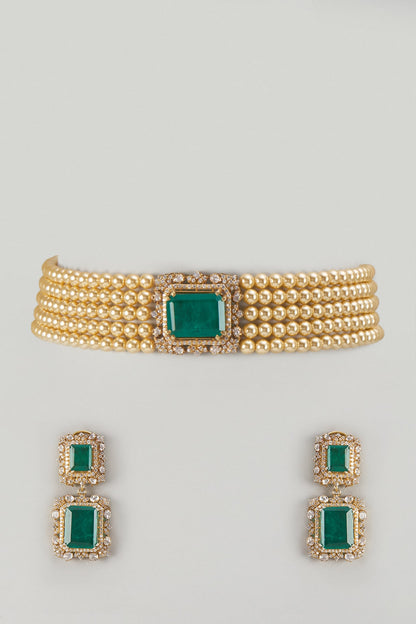 Gold Finish Kundan Polki & Emerald Stone Choker Necklace Set In Sterling Silver