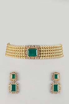 Gold Finish Kundan Polki & Emerald Stone Choker Necklace Set In Sterling Silver