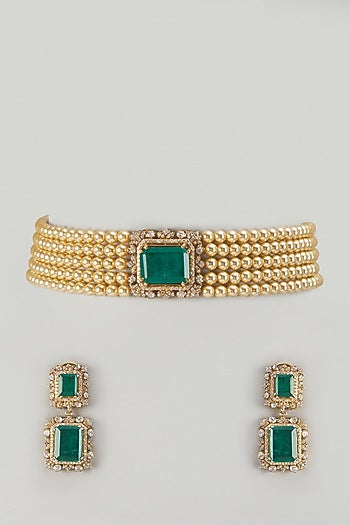 Gold Finish Kundan Polki & Emerald Stone Choker Necklace Set In Sterling Silver