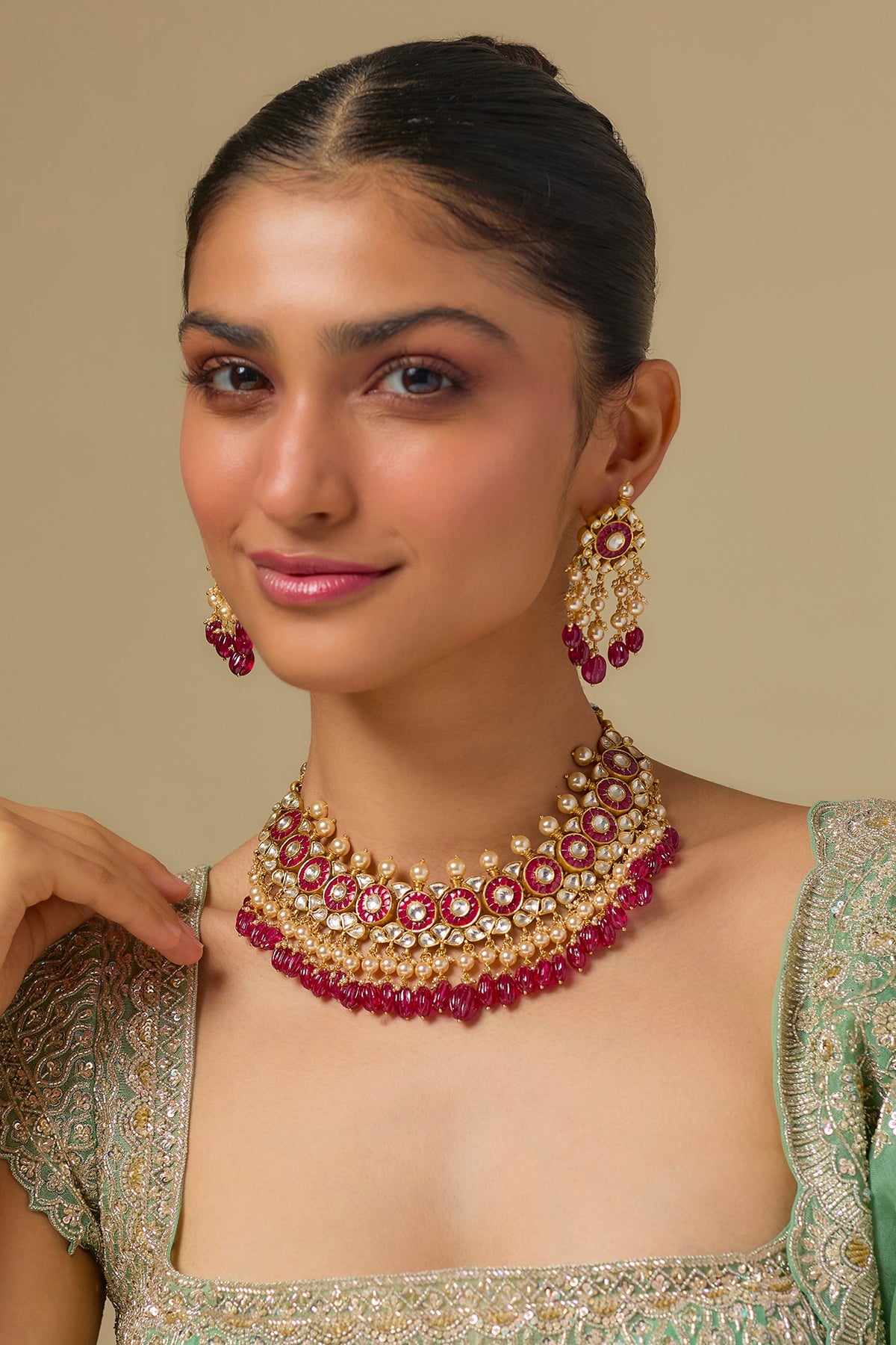 Gold Finish Kundan Polki & Emerald Stone Choker Necklace Set In Sterling Silver