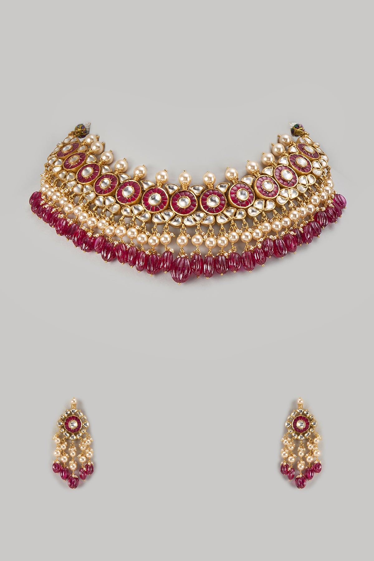 Gold Finish Kundan Polki & Emerald Stone Choker Necklace Set In Sterling Silver