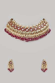 Gold Finish Kundan Polki & Emerald Stone Choker Necklace Set In Sterling Silver