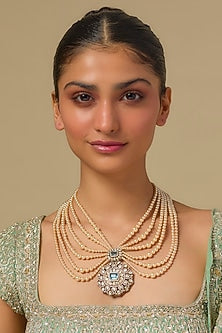 Gold Finish Pearl & Green Stone Layered Necklace In Sterling Silver