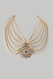Gold Finish Pearl & Green Stone Layered Necklace In Sterling Silver