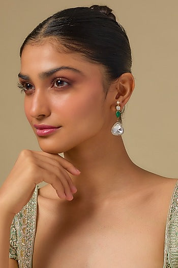 Gold Finish Kundan Polki & Emerald Stone Dangler Earrings In Sterling Silver