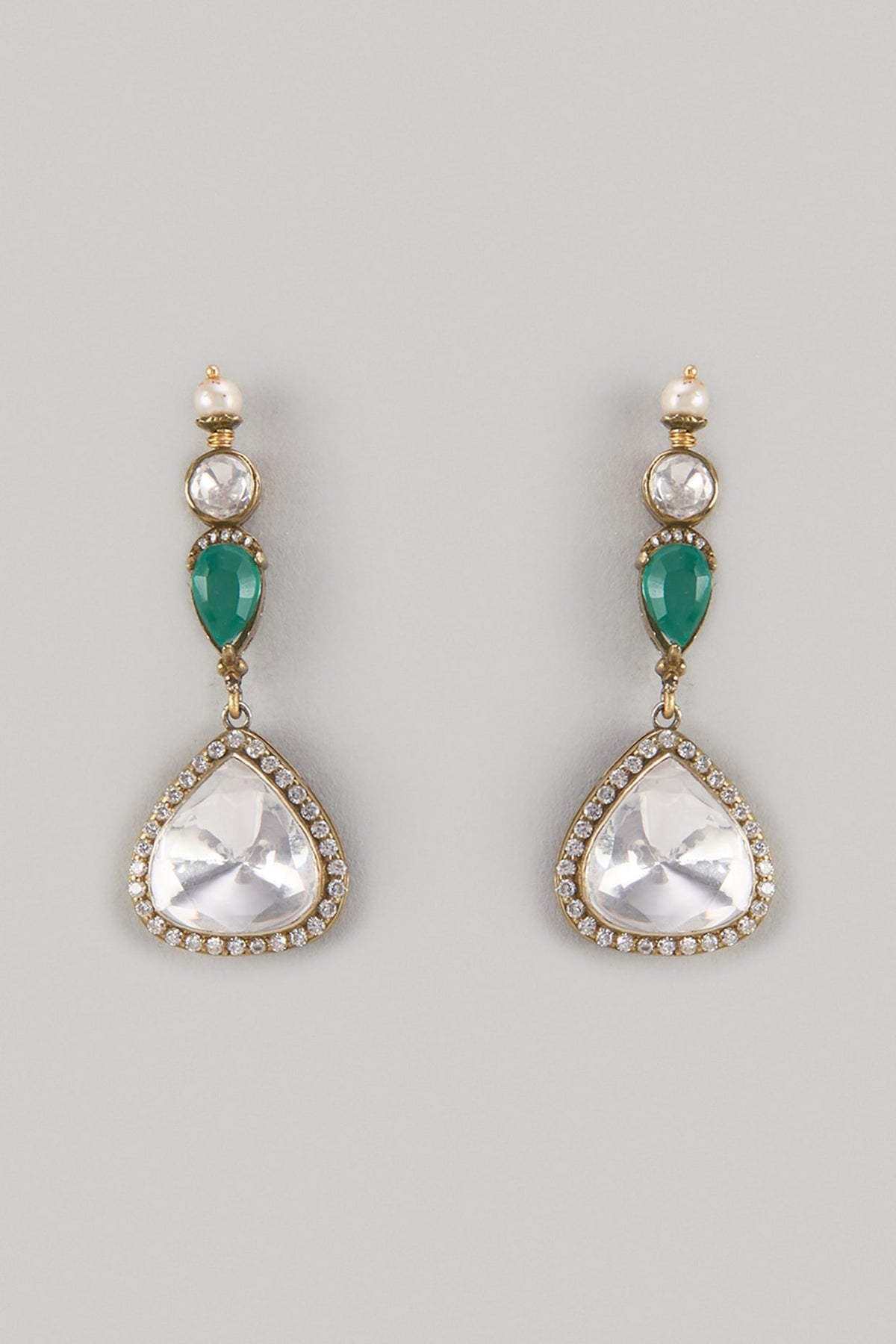 Gold Finish Kundan Polki & Emerald Stone Dangler Earrings In Sterling Silver