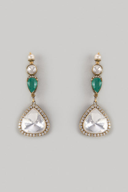 Gold Finish Kundan Polki & Emerald Stone Dangler Earrings In Sterling Silver