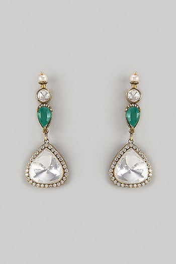 Gold Finish Kundan Polki & Emerald Stone Dangler Earrings In Sterling Silver