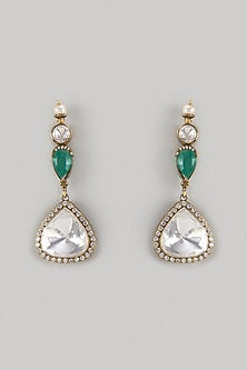Gold Finish Kundan Polki & Emerald Stone Dangler Earrings In Sterling Silver