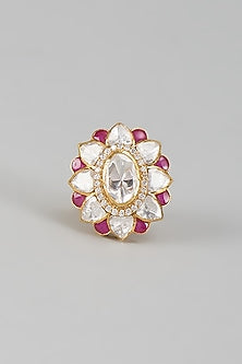 Gold Finish Kundan Polki & Ruby Stone Floral Ring In Sterling Silver