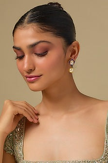 Gold Finish Kundan Polki Blue Enameled Dangler Earrings In Sterling Silver