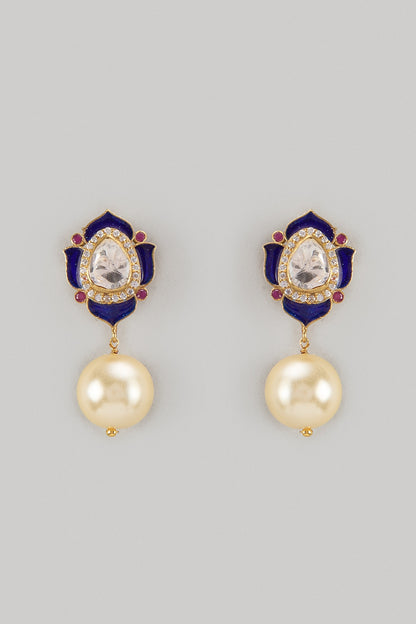 Gold Finish Kundan Polki Blue Enameled Dangler Earrings In Sterling Silver