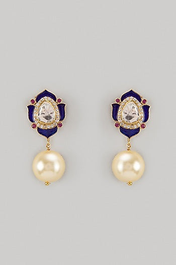 Gold Finish Kundan Polki Blue Enameled Dangler Earrings In Sterling Silver