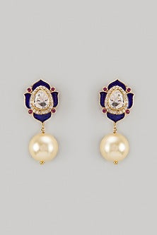 Gold Finish Kundan Polki Blue Enameled Dangler Earrings In Sterling Silver
