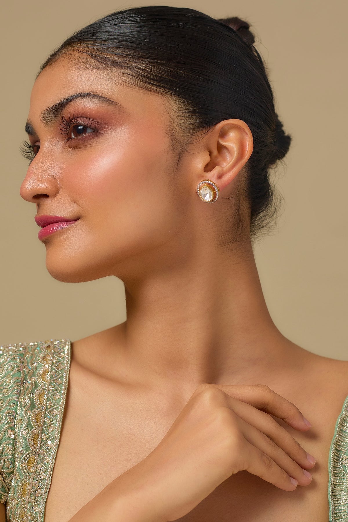 Gold Finish Kundan Polki Stud Earrings In Sterling Silver