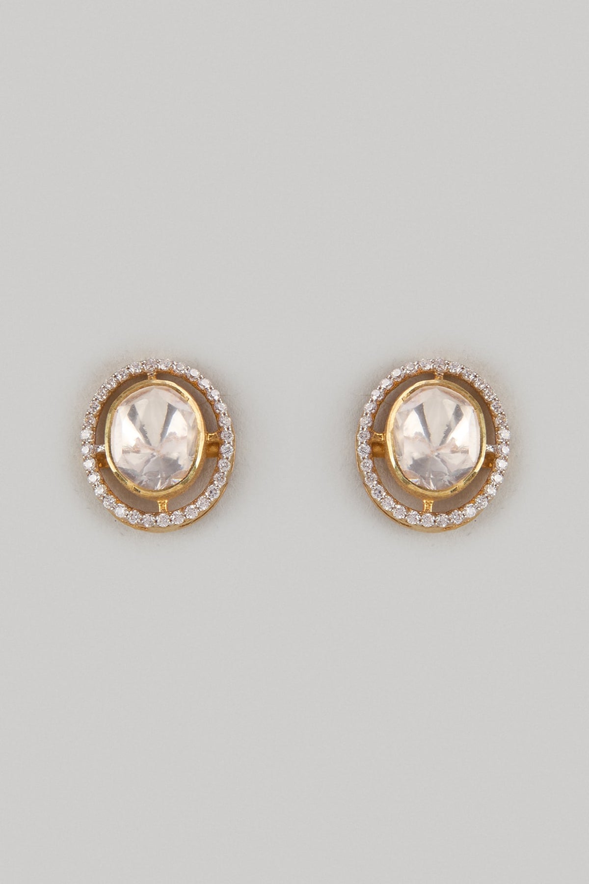 Gold Finish Kundan Polki Stud Earrings In Sterling Silver