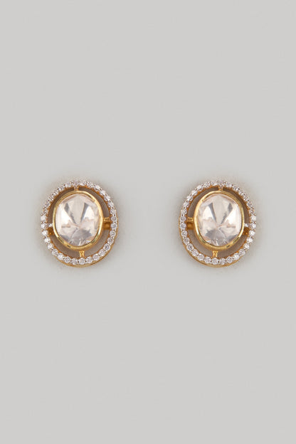 Gold Finish Kundan Polki Stud Earrings In Sterling Silver