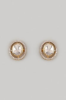 Gold Finish Kundan Polki Stud Earrings In Sterling Silver