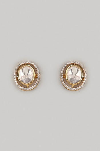Gold Finish Kundan Polki Stud Earrings In Sterling Silver