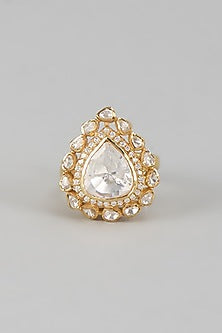 Gold Finish Kundan Polki Ring In Sterling Silver