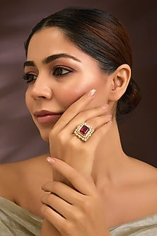 Gold Finish Moissanite Polki & Ruby Doublet Stone Ring In Sterling Silver