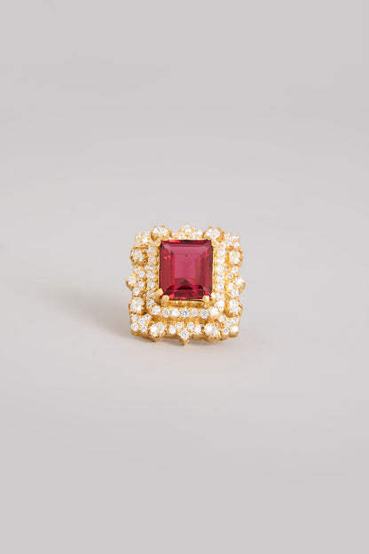 Gold Finish Moissanite Polki & Ruby Doublet Stone Ring In Sterling Silver