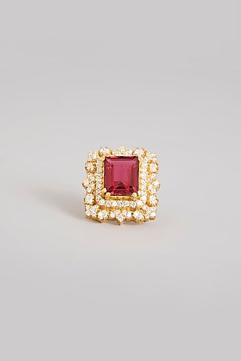 Gold Finish Moissanite Polki & Ruby Doublet Stone Ring In Sterling Silver