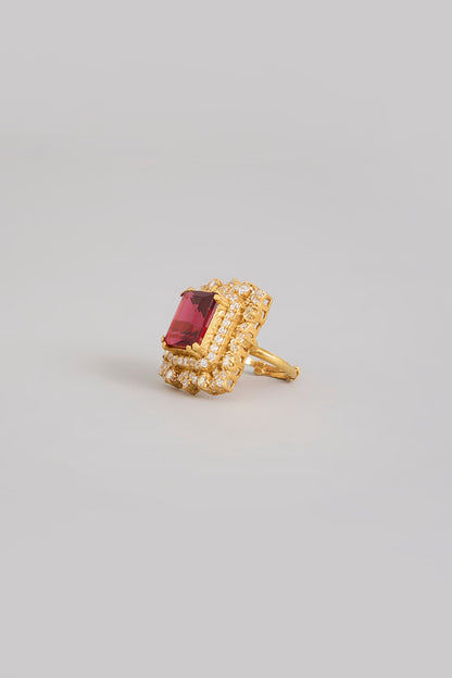 Gold Finish Moissanite Polki & Ruby Doublet Stone Ring In Sterling Silver