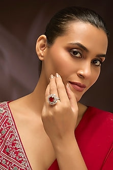 Gold Finish Moissanite Polki & Ruby Stone Ring In Sterling Silver