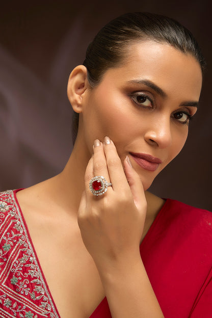 Gold Finish Moissanite Polki & Ruby Stone Ring In Sterling Silver